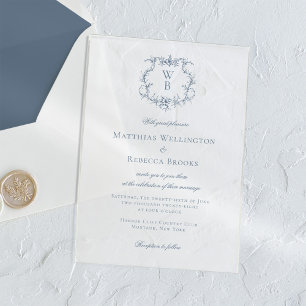 Invitations En Acrylique Élégant Mariage Bleu Poussiéreux à Monogramme et B