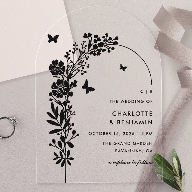 Invitations En Acrylique Élégant Mariage botanique de papillon noir (Créateur téléchargé)