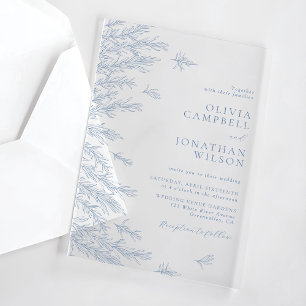 Invitations En Acrylique Élégant Mariage Botanique Feuilles Bleu Poussiéreu
