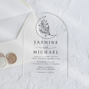 Invitations En Acrylique Élégant mariage botanique noir avec lune et étoile