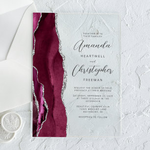 Invitations En Acrylique Élégant Mariage Bourguignon Argent Agate Script