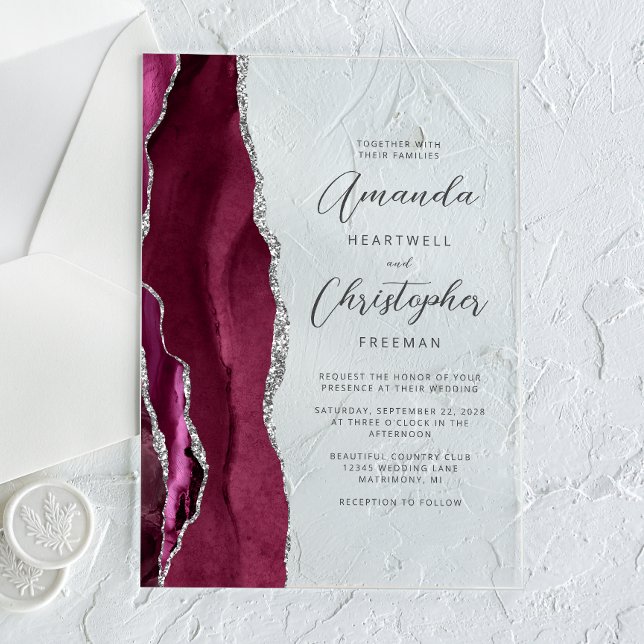 Invitations En Acrylique Élégant Mariage Bourguignon Argent Agate Script (Créateur téléchargé)