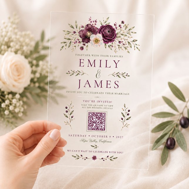 Invitations En Acrylique Élégant Mariage Code QR Botanique Olive Plum (Créateur téléchargé)