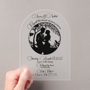 Invitations En Acrylique Elégant Mariage Couple Silhouette encadrée Noir