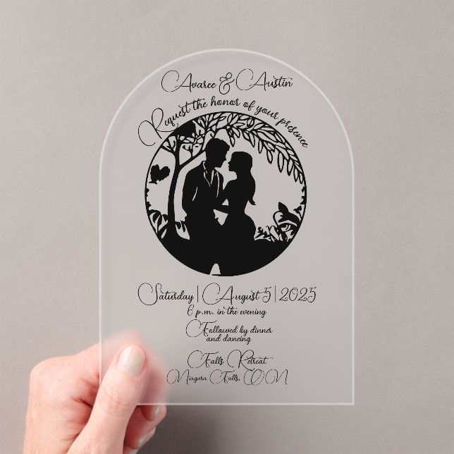 Invitations En Acrylique Elégant Mariage Couple Silhouette encadrée Noir (In situ (ordinateur de poche))