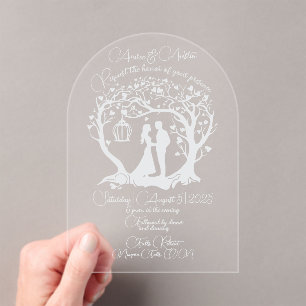 Invitations En Acrylique Elégant Mariage Couple Tree encadré blanc
