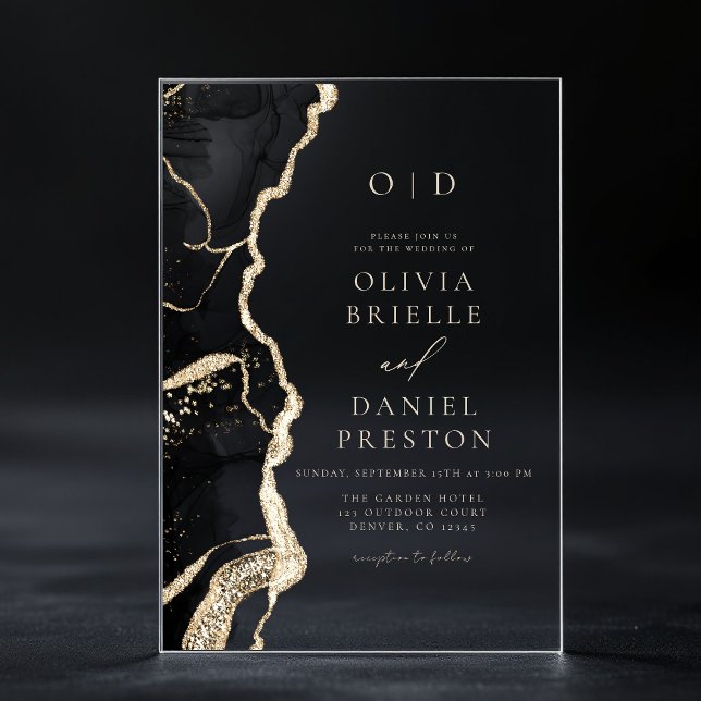 Invitations En Acrylique Élégant Mariage d'agate d'or noir (Créateur téléchargé)