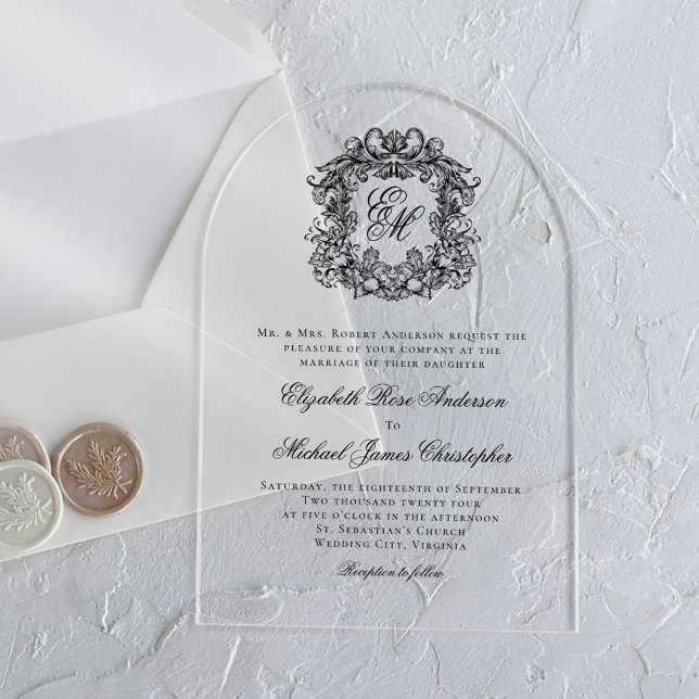 Invitations En Acrylique Élégant Mariage d'arche de crête de monogramme (Créateur téléchargé)