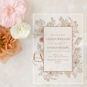 Invitations En Acrylique Élégant Mariage d'art Burnt Orange Floral Line