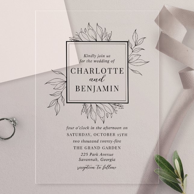 Invitations En Acrylique Élégant Mariage de cadre botanique noir (Créateur téléchargé)