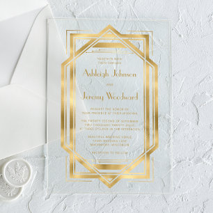 Invitations En Acrylique Elégant Mariage de cadre déco Gold White années 19