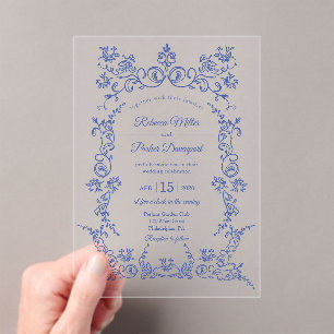 Invitations En Acrylique Élégant Mariage de chinoiserie bleu et blanc
