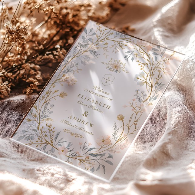 Invitations En Acrylique Élégant Mariage de crête florale neutre (Créateur téléchargé)