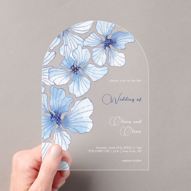 Invitations En Acrylique Élégant Mariage de fleurs bleues (In situ (ordinateur de poche))
