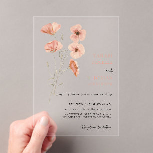 Invitations En Acrylique Élégant Mariage de fleurs orange de prés de pavot