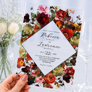Invitations En Acrylique Élégant mariage de fleurs sombres et lunaires