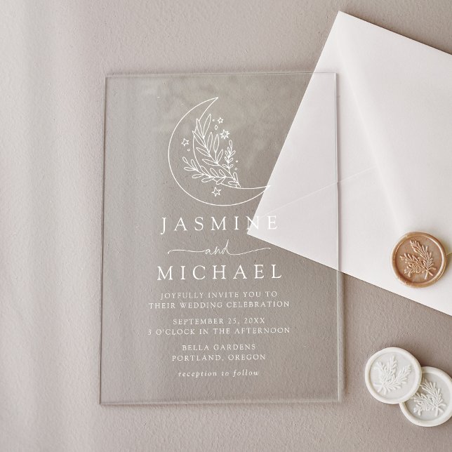 Invitations En Acrylique Élégant Mariage de la Lune botanique et des étoile (Créateur téléchargé)
