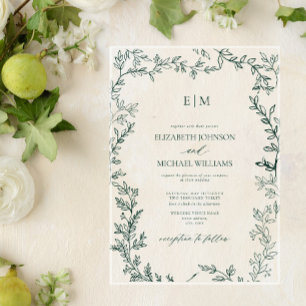 Invitations En Acrylique Élégant Mariage de monogramme vert Emeraude feuill
