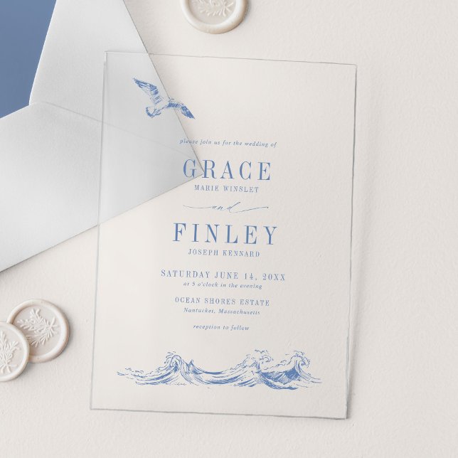 Invitations En Acrylique Élégant Mariage de Plage Chic Bleu Côté Mer (Créateur téléchargé)