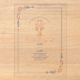 Invitations En Acrylique Élégant Mariage de Plage Rustique Rouge & Bleu Hom