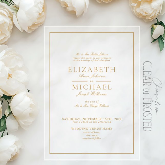 Invitations En Acrylique Élégant Mariage de script Gold Classic (Créateur téléchargé)