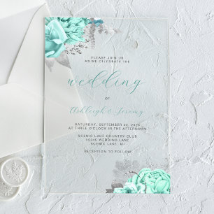 Invitations En Acrylique Élégant Mariage de script Silver Aqua Floral