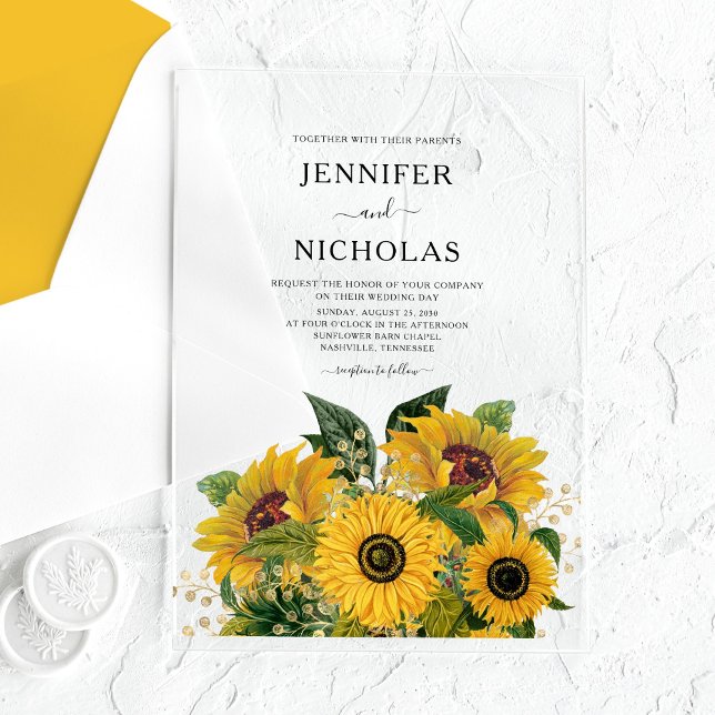 Invitations En Acrylique Élégant Mariage de tournesols floraux verts (Elegant Green Floral Sunflowers Wedding Acrylic Invitations)