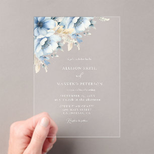 Invitations En Acrylique Élégant Mariage de trame géométrique Floral bleu