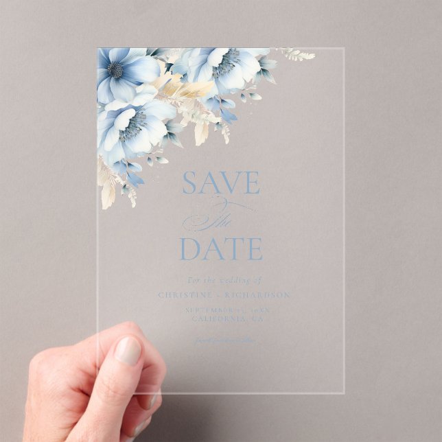 Invitations En Acrylique Élégant Mariage de trame géométrique Floral bleu (In situ (ordinateur de poche))