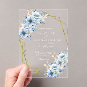 Invitations En Acrylique Élégant Mariage de trame géométrique Floral bleu