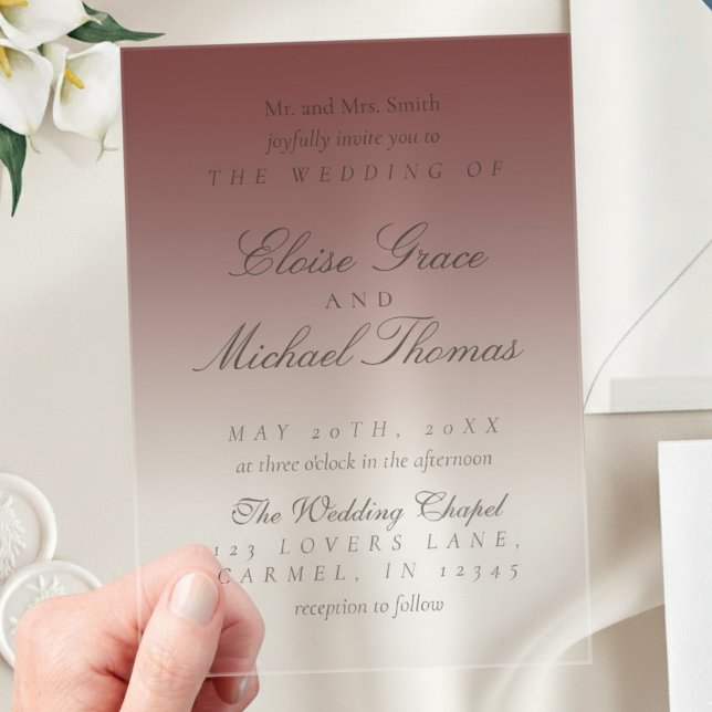 Invitations En Acrylique Élégant Mariage Dégradé Rouge Cranberry Calligraph (Invite guests to your big day with this Elegant Script Gradient Wedding Acrylic Invitation!)