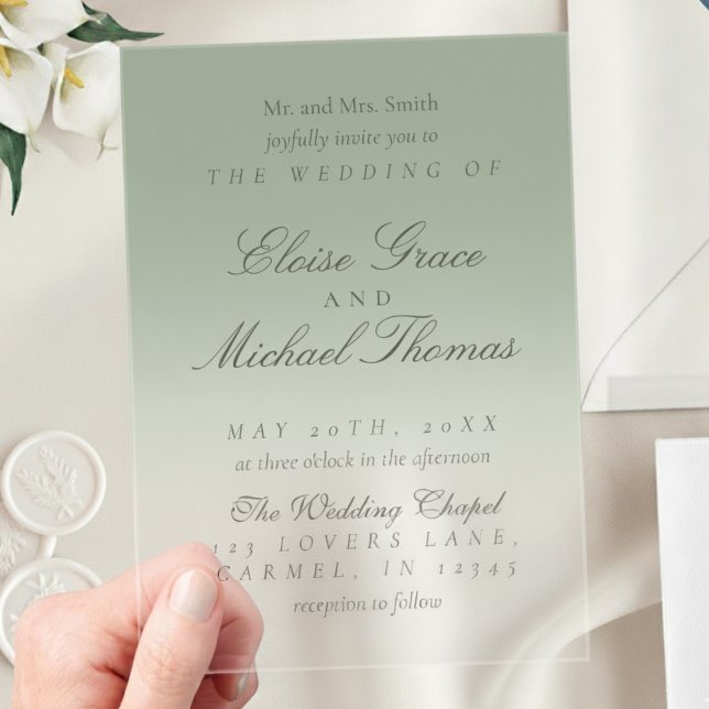 Invitations En Acrylique Élégant Mariage dégradé vert Sage Script (Invite guests to your big day with this Elegant Script Gradient Wedding Acrylic Invitation!)