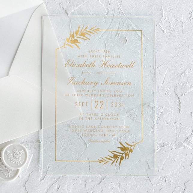 Invitations En Acrylique Élégant Mariage d'or de cadre botanique (Créateur téléchargé)