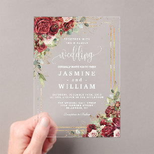 Invitations En Acrylique Élégant Mariage d'or floral de Bourgogne
