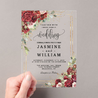 Invitations En Acrylique Élégant Mariage d'or floral de Bourgogne