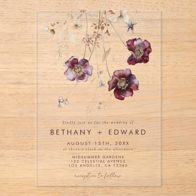 Invitations En Acrylique Élégant Mariage Fleur sauvage (Recto)