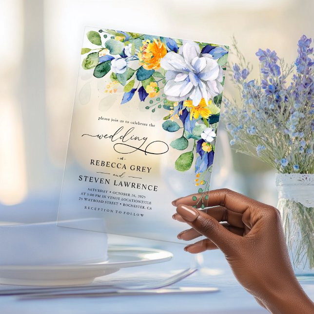 Invitations En Acrylique Élégant mariage fleuri jaune blanc (Créateur téléchargé)