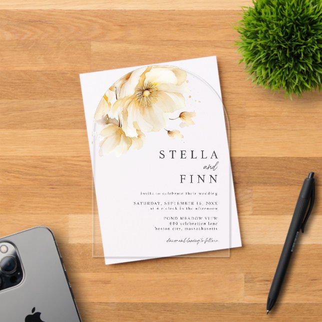 Invitations En Acrylique Élégant Mariage Fleurs Blanches (Insitu (Carte d'invitation))