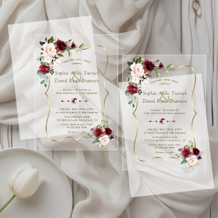 Invitations En Acrylique Élégant Mariage Fleurs Roses Bourgogne Or
