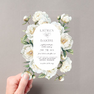Invitations En Acrylique Élégant Mariage Floral Aquarelle Pivoines Blanches