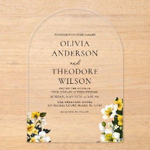 Invitations En Acrylique Élégant Mariage floral blanc et jaune