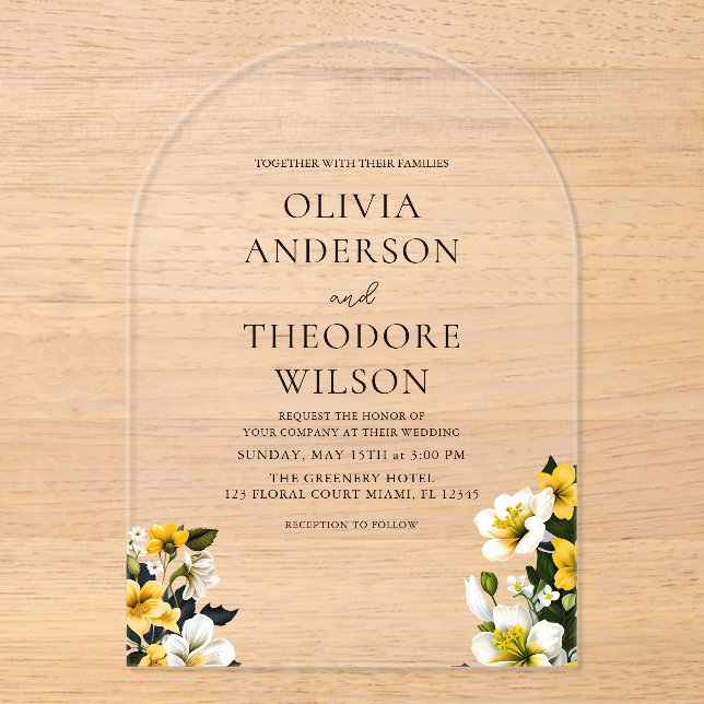 Invitations En Acrylique Élégant Mariage floral blanc et jaune (Recto)