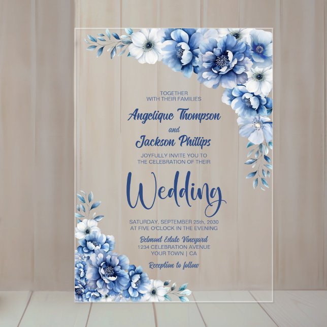 Invitations En Acrylique Élégant Mariage Floral Bleu (Créateur téléchargé)