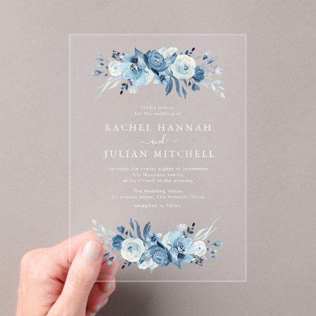 Invitations En Acrylique Elégant mariage floral bleu aquarelle (In situ (ordinateur de poche))