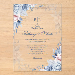 Invitations En Acrylique Elégant Mariage floral bleu et or