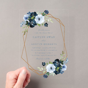 Invitations En Acrylique Élégant mariage floral bleu marine et bleu clair