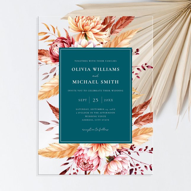 Invitations En Acrylique Élégant Mariage Floral Bohème Sarcelle (Créateur téléchargé)