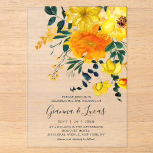 Invitations En Acrylique Élégant mariage floral botanique aquarelle jaune