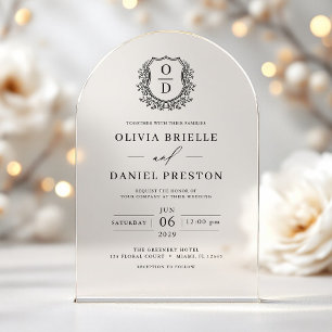 Invitations En Acrylique Élégant Mariage Floral Crest Élégant