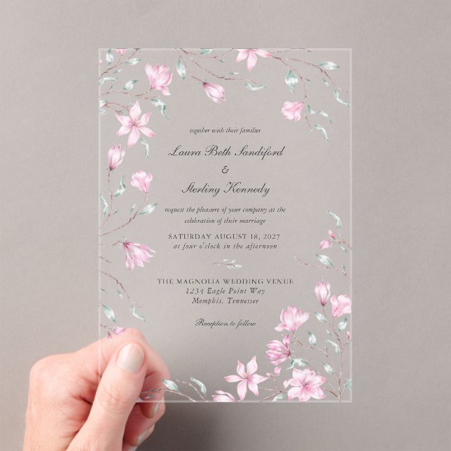 Invitations En Acrylique Élégant Mariage floral de Magnolia rose (In situ (ordinateur de poche))